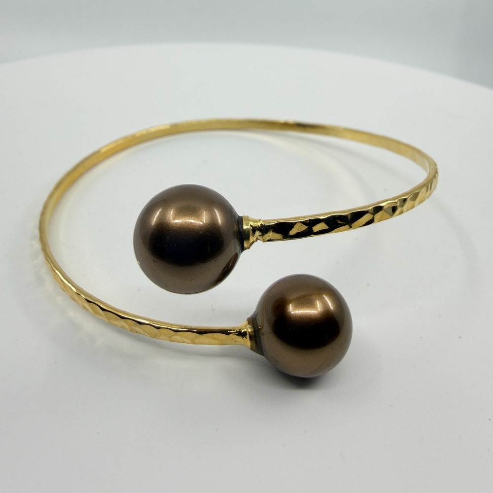 Gold Tone Hammered Bypass Bracelet with Brown Faux Pearl Accents